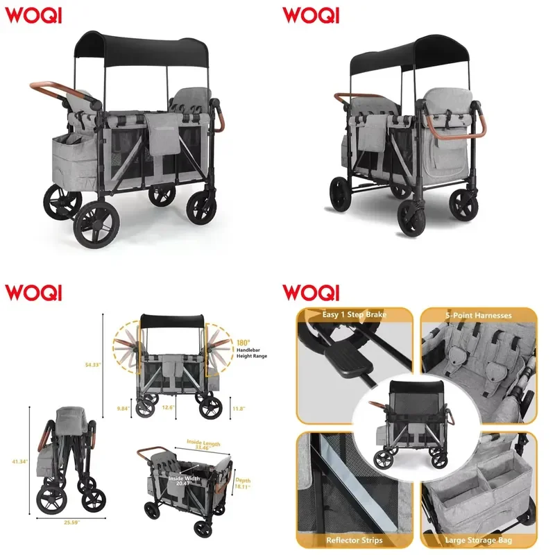 WOQI Iron Four-Wheel Stroller Wagon All-Terrain Heavy 4-Seater 300lb Capacity 1-Hand Fold Design High Seats 5-Point