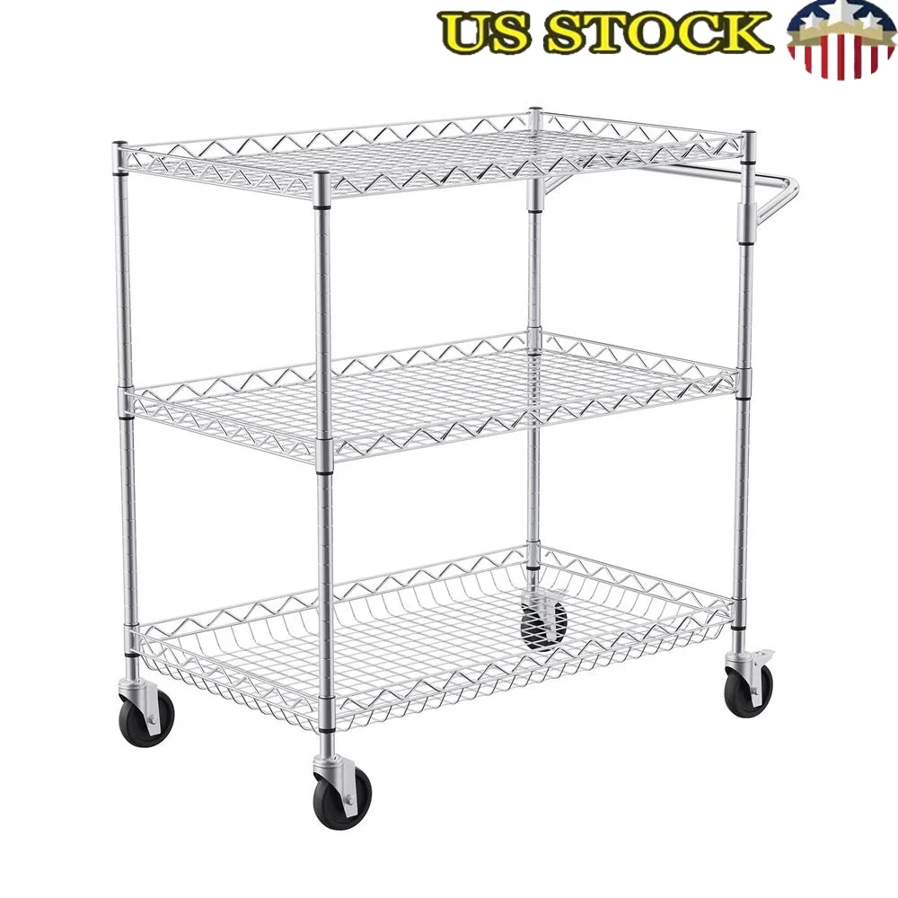 

3-Tier Rolling Kitchen Cart 661LBS Capacity Mobile Storage Trolley Adjustable Shelves 6 Hooks Steel Utility Cart Home Restaurant