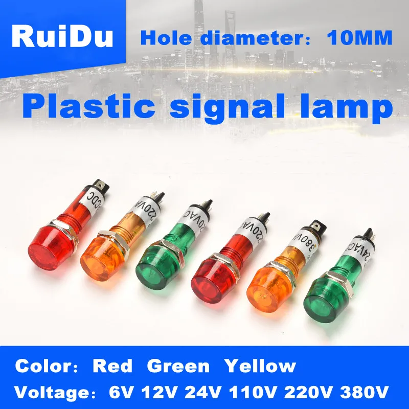 Lampu indikator bundar 10MM AC DC 6V 12V 24V 110V 220V 380V, lampu sinyal plastik catu daya kecil bohlam neon merah hijau kuning