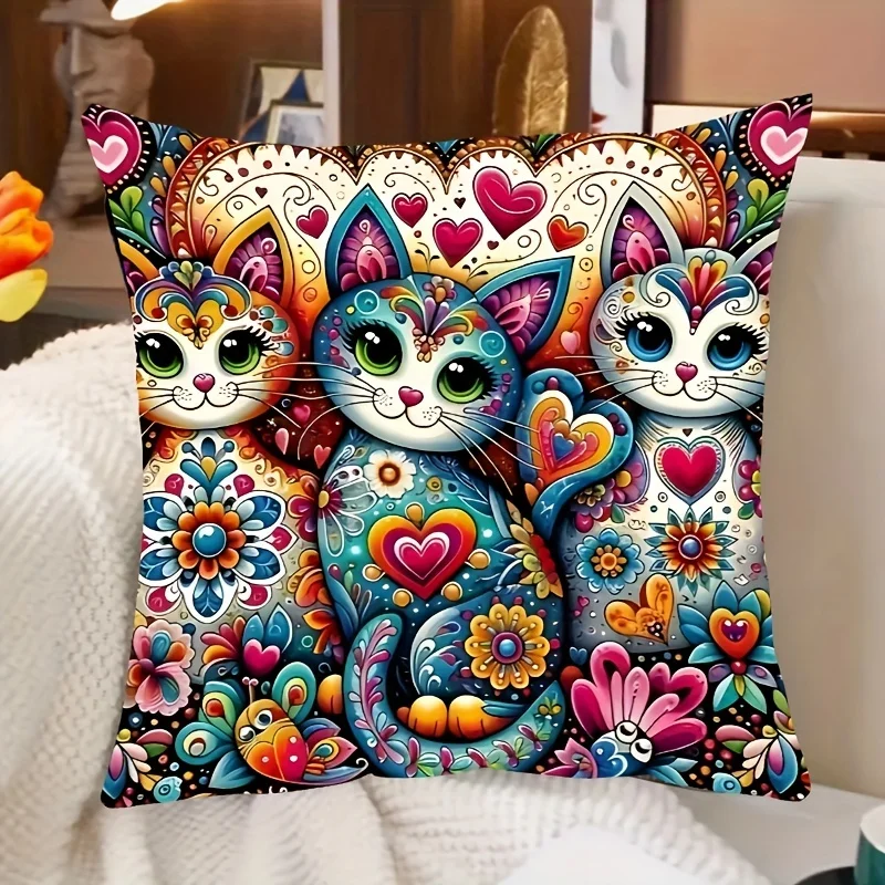 1pc Mandala Style Colorful Cat Family Print Throw Pillow Cover,Suitable for Sofa,Bedroom,LivingRoom,Artistic Gift for Cat Lovers