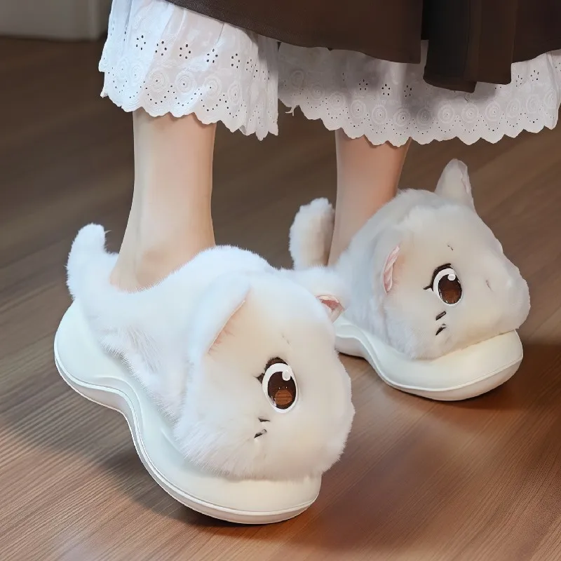 Pink Fluffy Cat Slippers Women High Heels 5.5 cm Kitty House Shoes Ladies Chunky Elevator Wave Bottom Slippers Home Kitten Mules