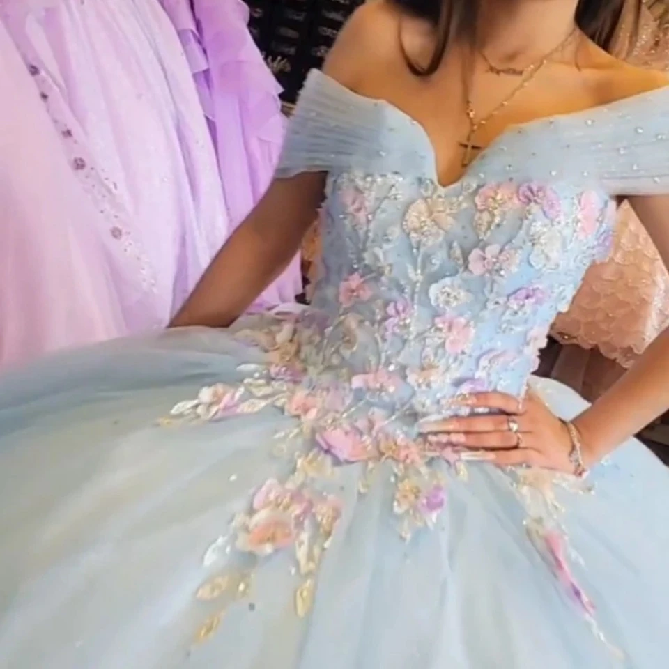 ที่กําหนดเองปิดไหล่ประดับด้วยลูกปัด Quinceanera ชุด 2024 Tulle Graduation อย่างเป็นทางการวันเกิดพรรคชุดสีฟ้า Robes De Soirée