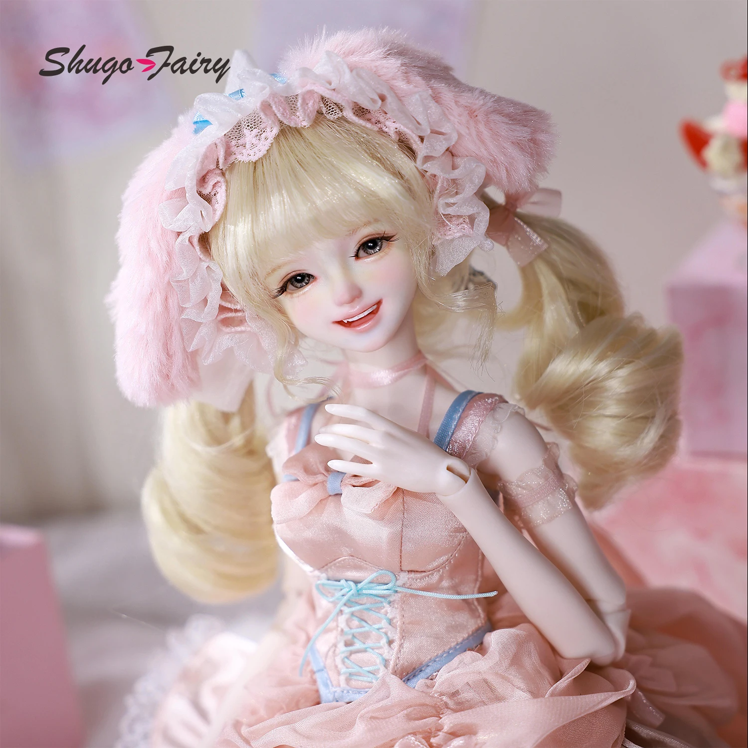 ShugaFairy Melanie A 1/4 BJD - Romantic Pink Bunny  Full Set Usagi Moe W/ Smiling Face Lace Costume Poseable Collectible