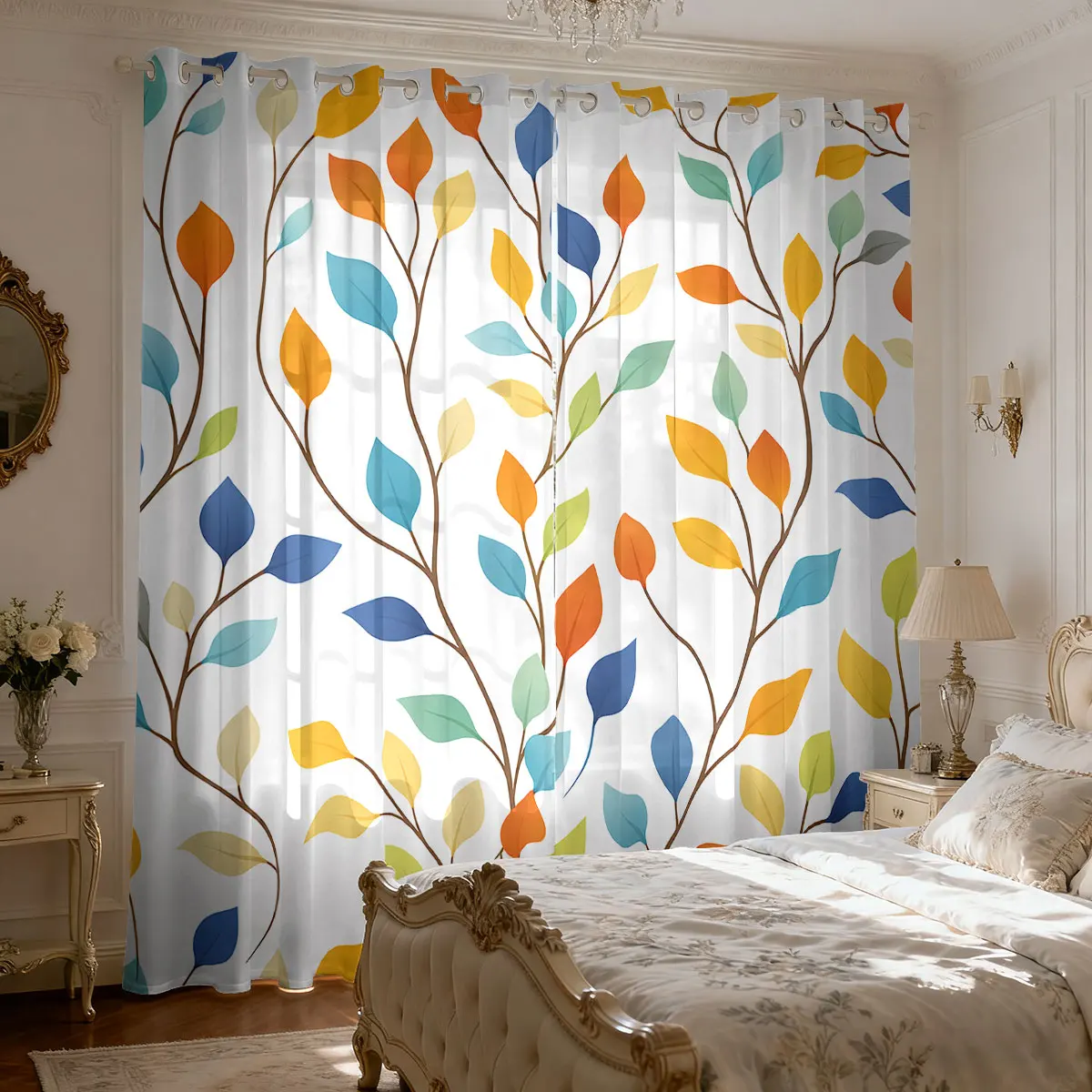 2 pieces colorful leaf branch print curtains  bedroom decoration  shading fashionable home decoration effects
