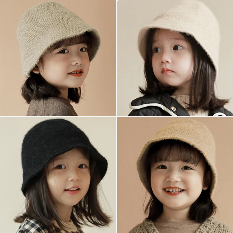 

Winter Warm Children Fisherman Hat Solid Woolen Kids Knitted Hat Solid Color Japanese Girl Panama Cap 2-10year Baby Basin Cap 모자