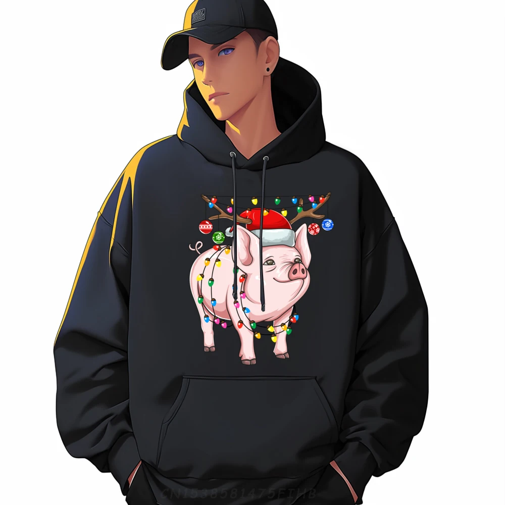 

Christmas Pig Holiday Lights With Antlers And Ornaments Blank Hoodies 100℅ Polyester Fiber Female Brand Clothing Letter