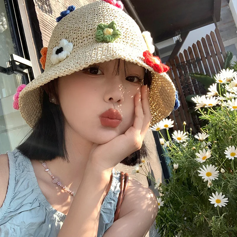 Parent-child Flowers Straw Fisherman Hat Summer Handmade Crochet Flower Lace Streamer Papyrus Shade Handmade Straw Hat Kid Cap