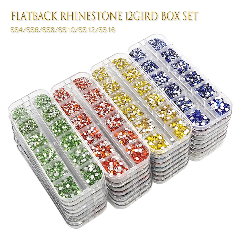 12Grid Box Set Flatback Rhinestone SS4/6/8/10/12/16 Glass Nail Stone For DIY 3D Nail  art decoration