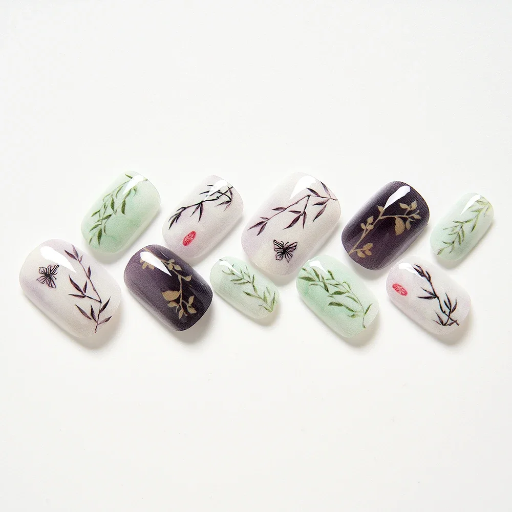 10Pcs Chic Chinese Fake Nails Bamboo Leaf & Butterfly Print Press-on Nails Traditional Design Acrylic False Nail Tips Set