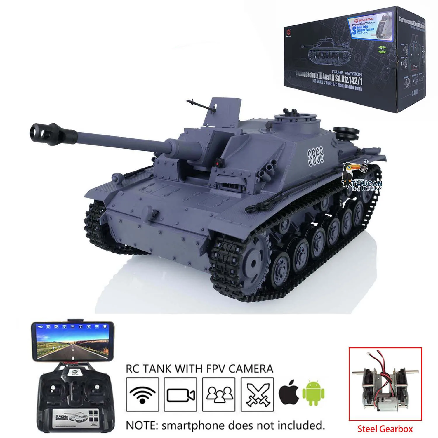 Heng Long 1/16 Scale 7.0 Plastic German Stug III RTR RC Tank 3868 FPV Steel Gearbox BB Shooting Effect Toys TH17420