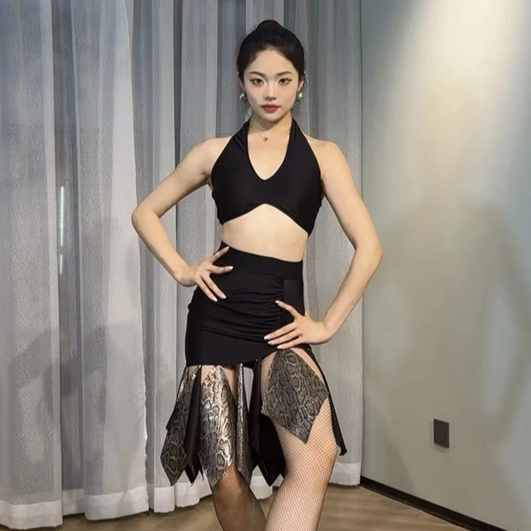 

Latin Dance Costume Women Halter Neck Short Tops Snake Print Fringe Skirt Adult Practice Clothing Competition Clothes DNV23849