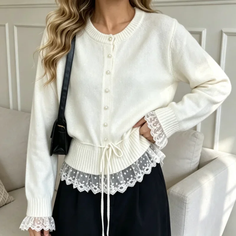 Chic Fashion Lace Splicing Sweater Korean Cute Women's Lace-up Waist Jackets Sweet Autumn Cardigan Lace Long Sleeve Tops Casual