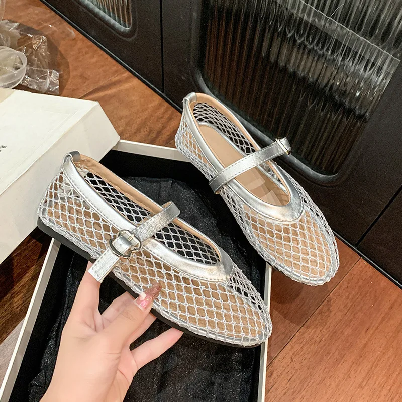 Fishnet Ballet Flats Woman Chic Brand Design Hollow Out Lace Mary Jane Shoes Ladies Summer Sandals Breathable Mesh Zapatos