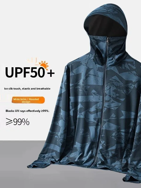 Men's Camouflage Ice Silk Sun Protection Clothing Lightweight Breathable Summer Fishing Suit with Large Brim UV Protection Hat