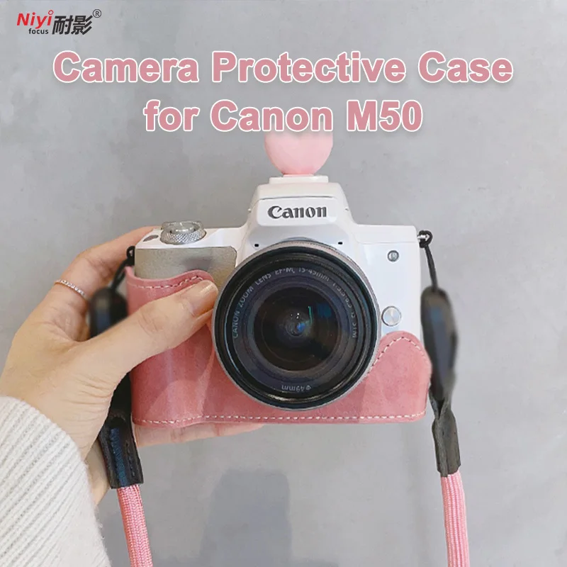 Funda de cámara para Canon EOS M50, funda de cuero PU para cámara, media funda, cinturón de hombro, bolsa protectora de muñeca, apertura de botón, tornillo 1/4