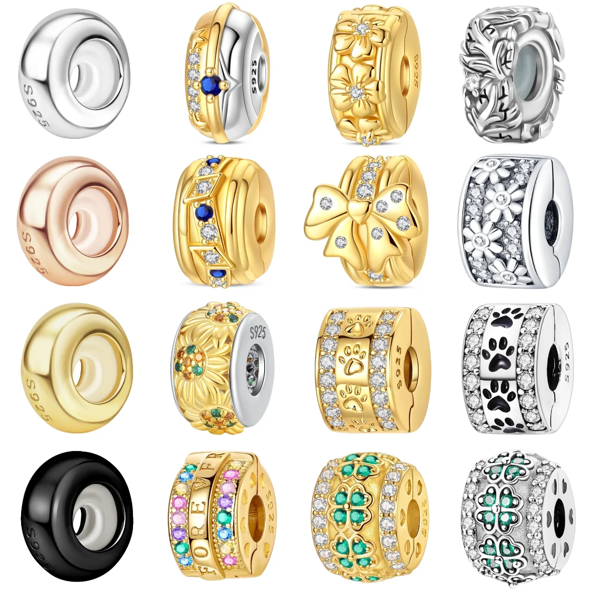 シンプルな 925 スターリングシルバースペーサークリップビーズオリジナルブレスレットカラールービックキューブチャーム DIY ブレスレットクラシックファインジュエリー