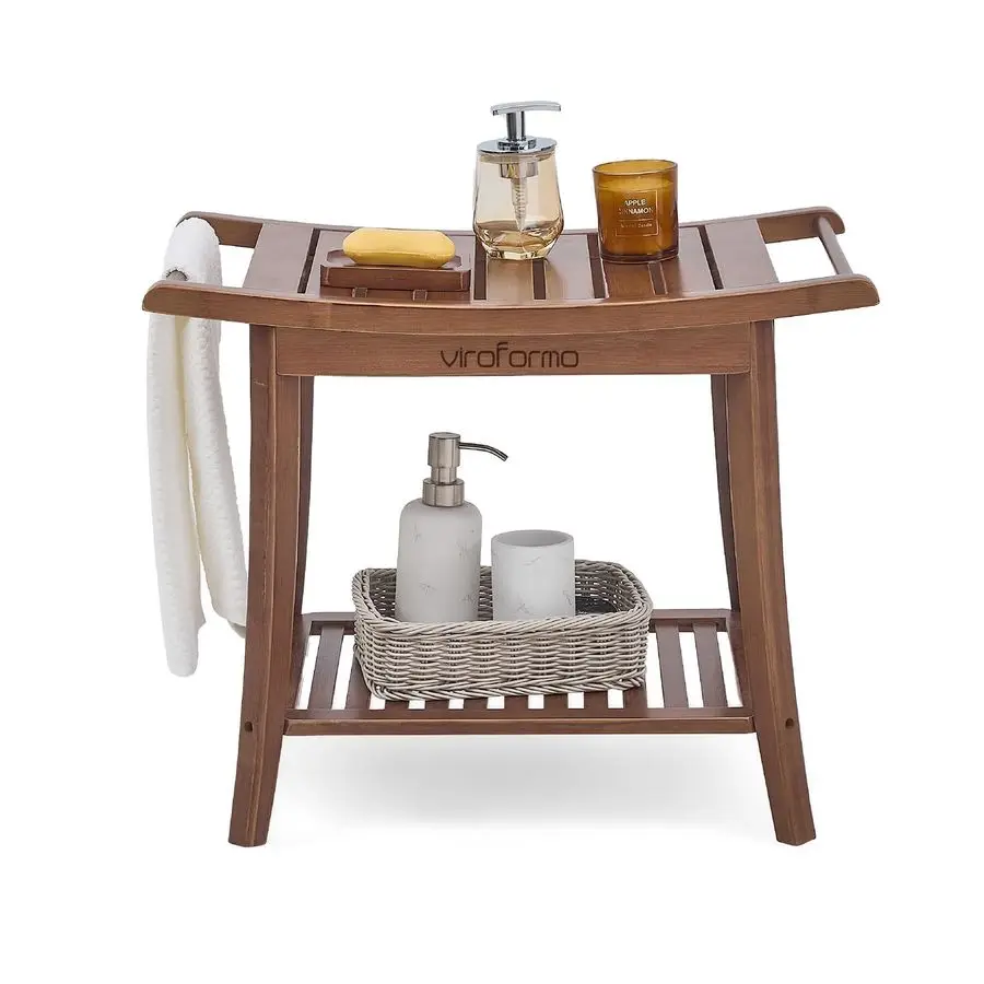 

Shower Bench Stool with Storage Shelf and Soap Dish, Waterproof Shower Stool 2Tier, Walnut Bathroom Bench Spa Seat NonSlip, Sho