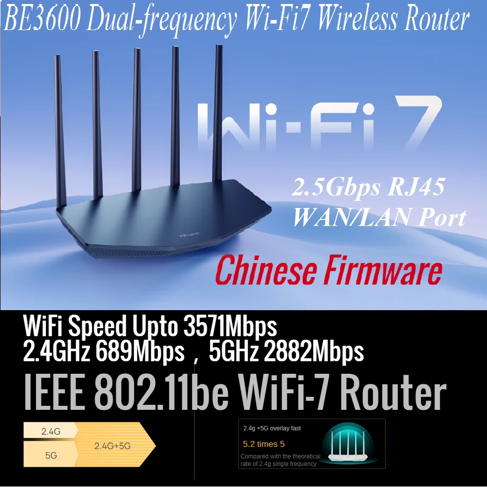 

2.5Gbps RJ45, IEEE 802.11be WiFi-7 Router 3571Mbps WiFi7 Wireless Mesh Router Dual-frequency Wireless Router 2.4G 689M, 5G 2882M