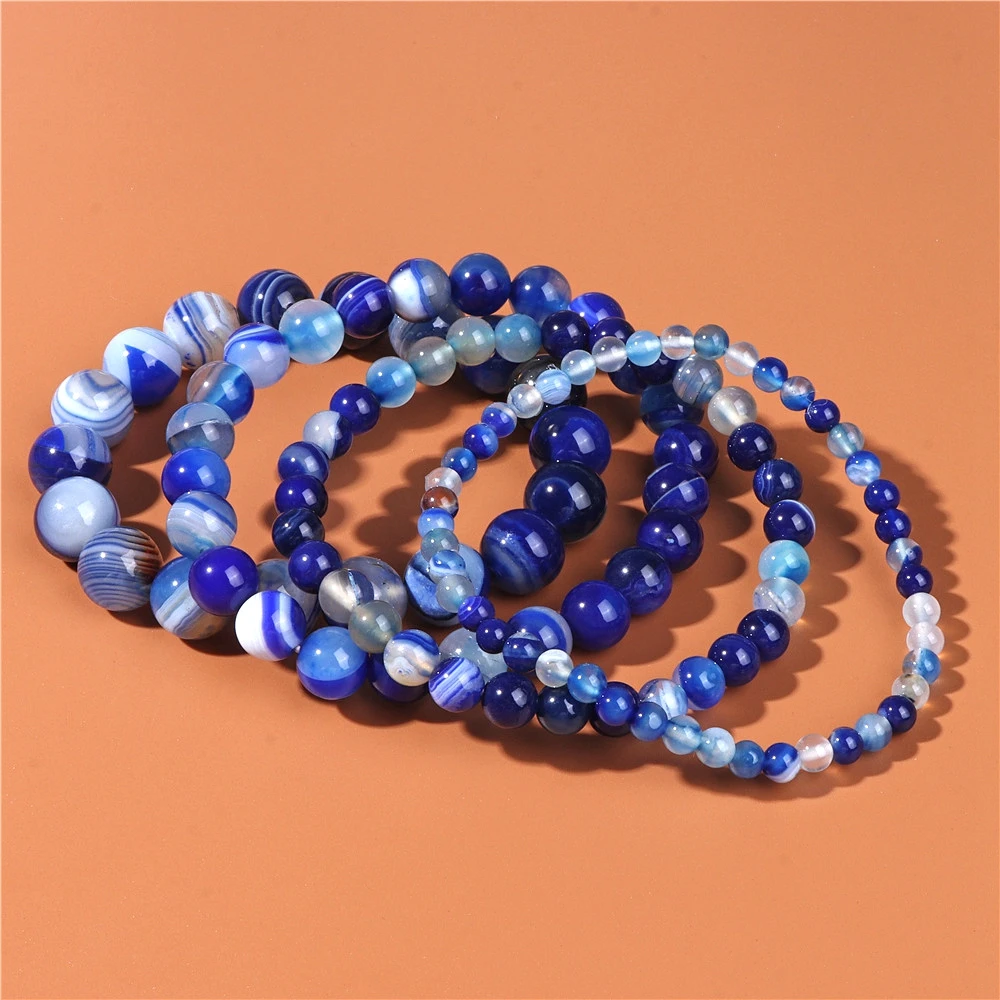 Fashion Dark Blue Smooth Agates Bracelets 4 6 8 10mm Beaded Bracelet Polished Stripe Agates Bracelets for Women Men Jewelry