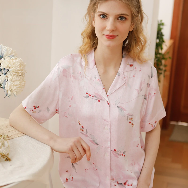 

2022 Women Satin Short Sleeve Pants Pajama Suit Pink Kanoko Pajamas for Women Viscose Floral Pijama Sexy Mujer Sexy Sleepwear