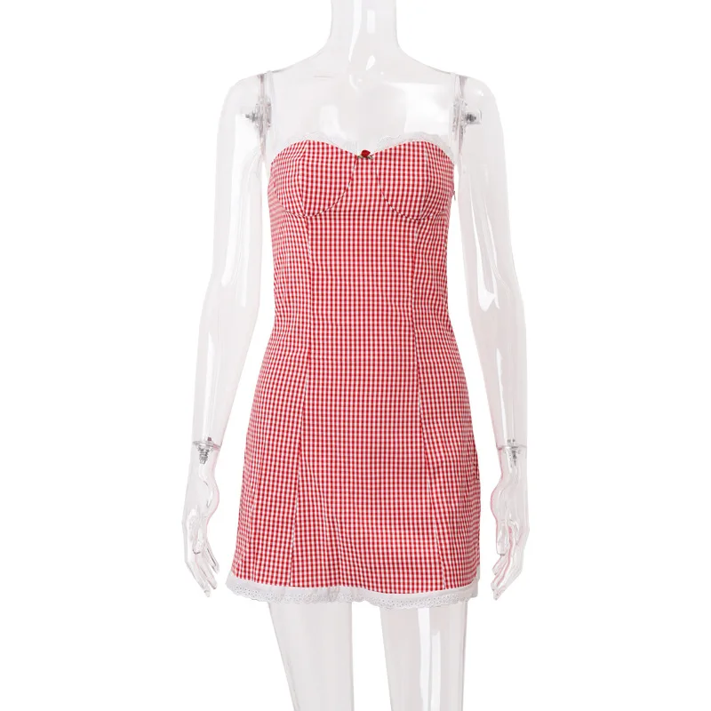 2025 Sommer süßeste karierte Spitze Minikleid Frauen ärmellose Spaghettiträger Camis Kleid Cottage 90er Jahre Vintage Sexy Y2k kurze Kleider