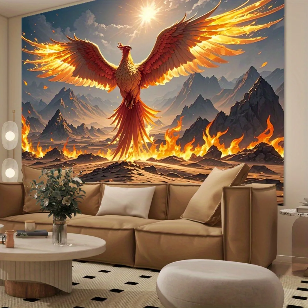 Fiery Phoenix Wall Hanging, Mythical Fire Bird Desert Mountain Magical Art Fabric for Bedroom Living Room Aesthetic Decor