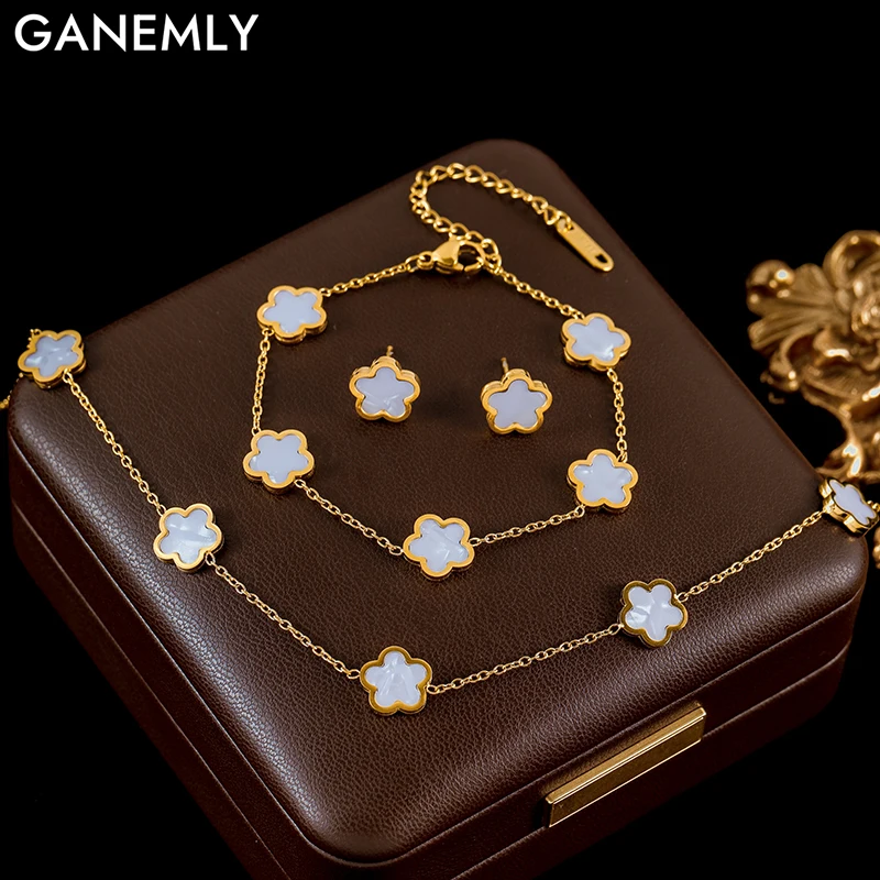 

GANEMLY 316L Stainless Steel White Plum Flower Five Leaf Clover Necklace Bracelet Earrings Jewelry Set For Women Birthday Gift