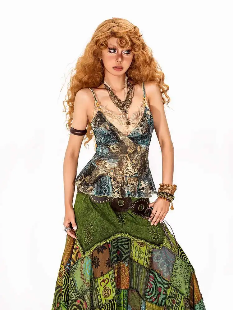 Green Suspenders Vest Womens fashion Retro Mesh Oil Painting Style Hottie Tops Bras Bralette Crop Top T Shirts