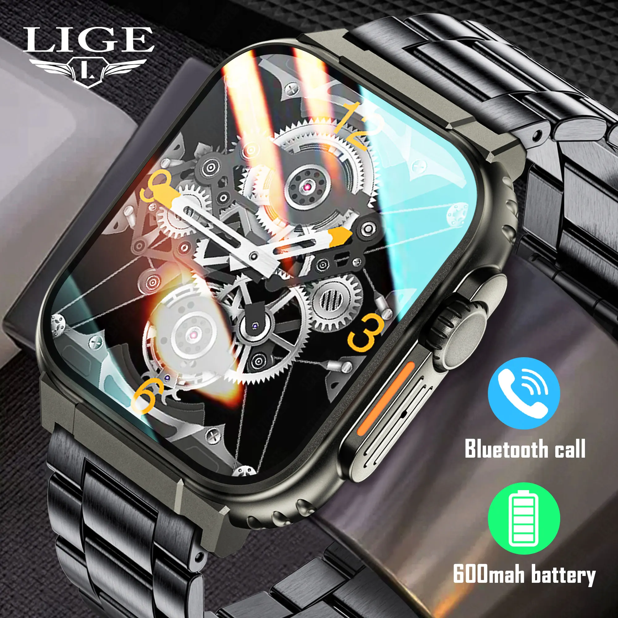 LIGE New 600mAh Men Smart Watches Bluetooth Call TWS Local Music Sports 1.96-inch Heart Rate Monitor IP68 Waterproof Smartwatch