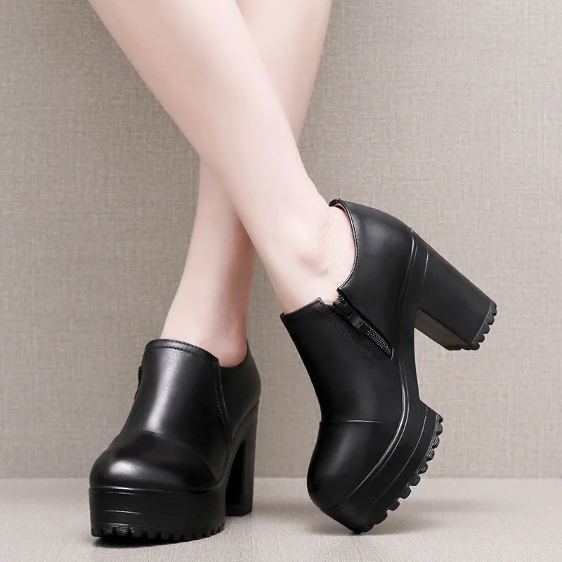 

6cm 8cm 10cm Size 33-43 Elegant Deep Mouth Genuine Leather Shoes Platform Pumps 2026 Spring Block High Heel Shoes Office Mom