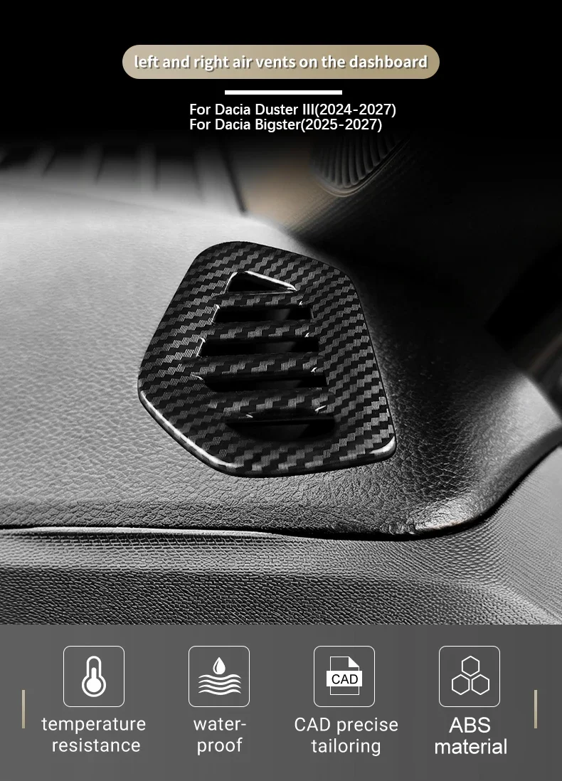 Linke und rechte Lüftungsöffnungen für das Armaturenbrett des Dacia Duster 3 Bigster 2024-2027, Dekorations- und Schutz-Zubehör für den Innenraum. – Detail 1