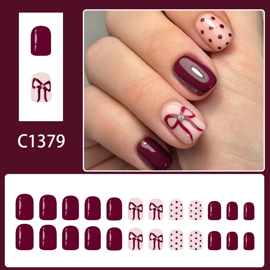 Short Square Press On Nails Glossy Red Wine Dots Bow Glitter Fake Nails 24pcs Women Cute Sweet Fall Winter