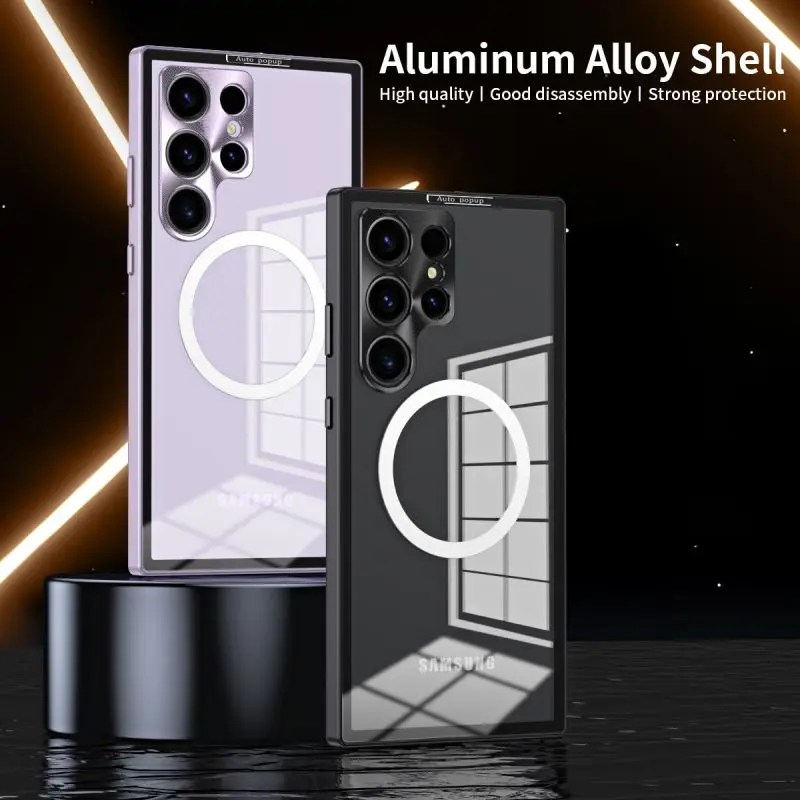 HD Clear PC Back Aluminum Alloy Metal Case For Samsung Galaxy S23 S22 S24 Ultra Metal Magnetic Wireless Charging