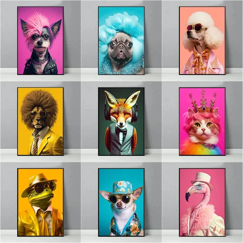 Animal's Gorgeous Cross Dressing Poster Cat Queen Fashionable Fox Posh Hippo Canvas Painting Funny Wall Art Picture Home Deco