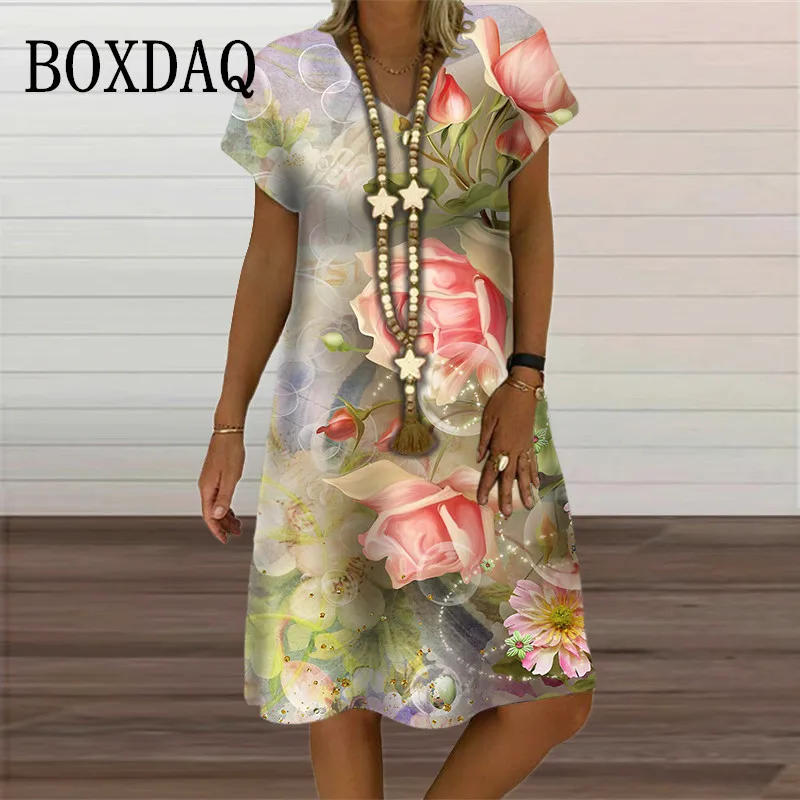 

2024 Plus Size Summer Pullover Short Sleeve New Ladies Dress Pink Flower Print Women's Dresses Casual Retro V-Neck Midi Sundress