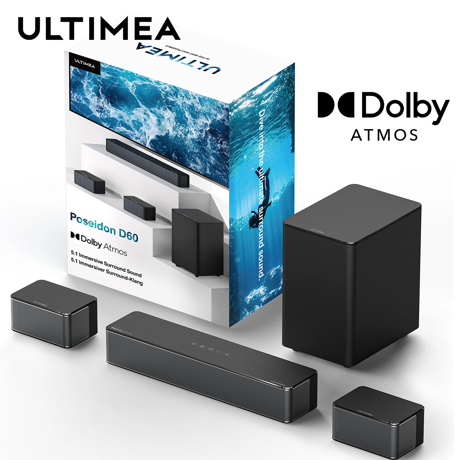 ULTIMEA 5.1 Barra de Sonido Dolby Atmos, Sistema de Sonido Envolvente 3D, Barra de Sonido para TV con Subwoofer, 2 Altavoces Traseros, Barra de Sonido Bluetooth 5.3 con Graves Ajustables, Poseidon D60