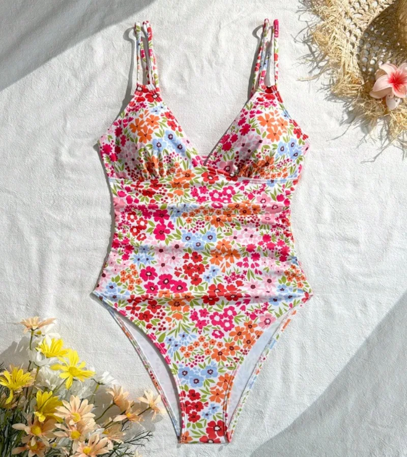 sexy pink flower print swimsuits one piece deep v-neck bodysuits bikinis bathing suit swimwear biquini tankini trikini