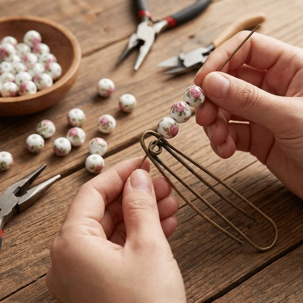 30pcs/set Creative DIY Ceramic Beads Flowers Printed Round Chinese Style Beads Ancient Style Loose Form Jewelry Making