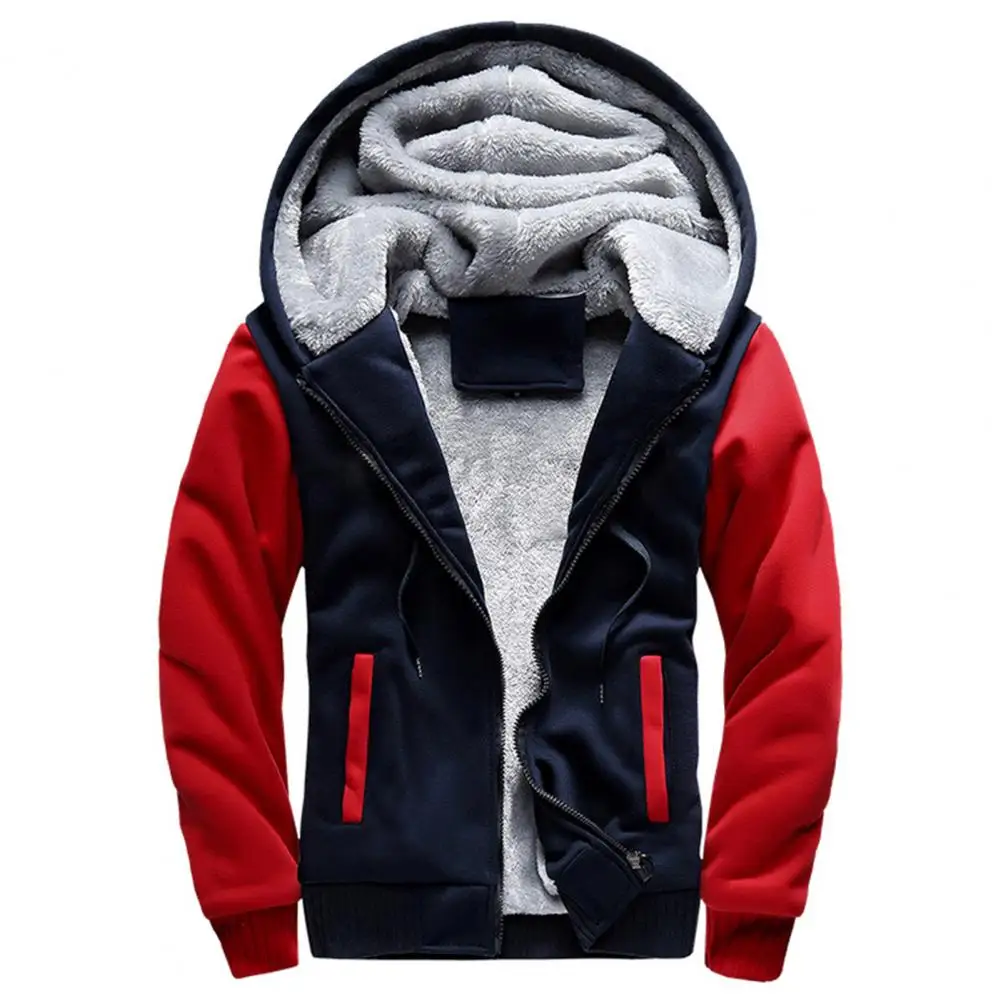 Winter Jacket Solid Colors Drawstring Zipper Fly Cardigan Hooded Extra Thick Men Jacket Contrast Color Winter Warm Cardigan Coat