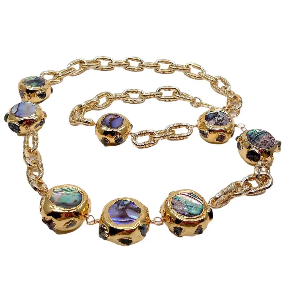 yygem 22mm Natural Rainbow Color Abalone Shell Beads Gold Plated Chain Long Necklace 28