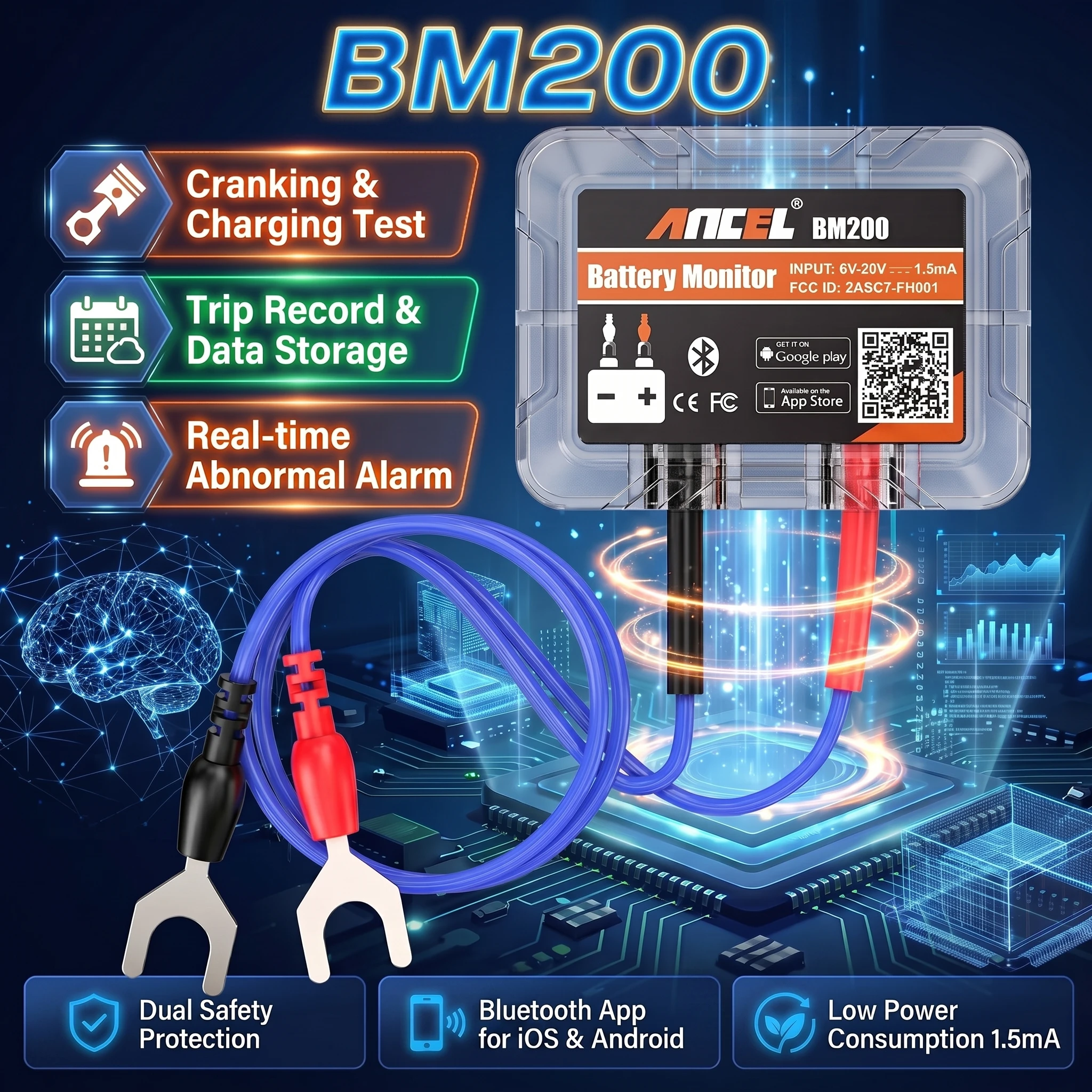 ANCEL BM200 12V Batterie-Monitor, Überwachung der Batteriezustand im Auto, Batterietester, kabelloses Bluetooth 4.2 für Android IOS APP