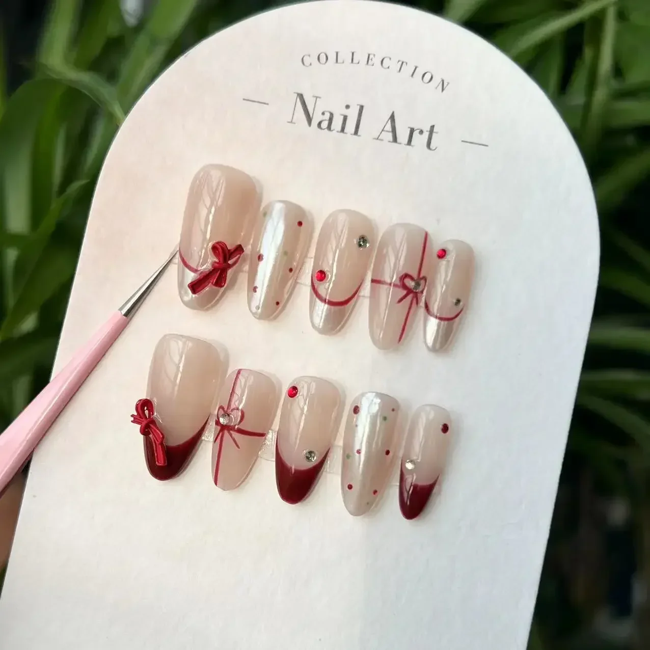 Handmade Wear-resistant Nails Removable and Reusable French Retro Simple Wine Red Polka Dot Bow Fake Nail Patch