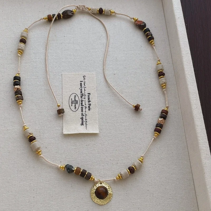 

Minar Textured Multicolor Natural Stone Tiger Eyes Beads Strand Pendant Necklaces for Women Long Adjustable Rope Sweater Chain