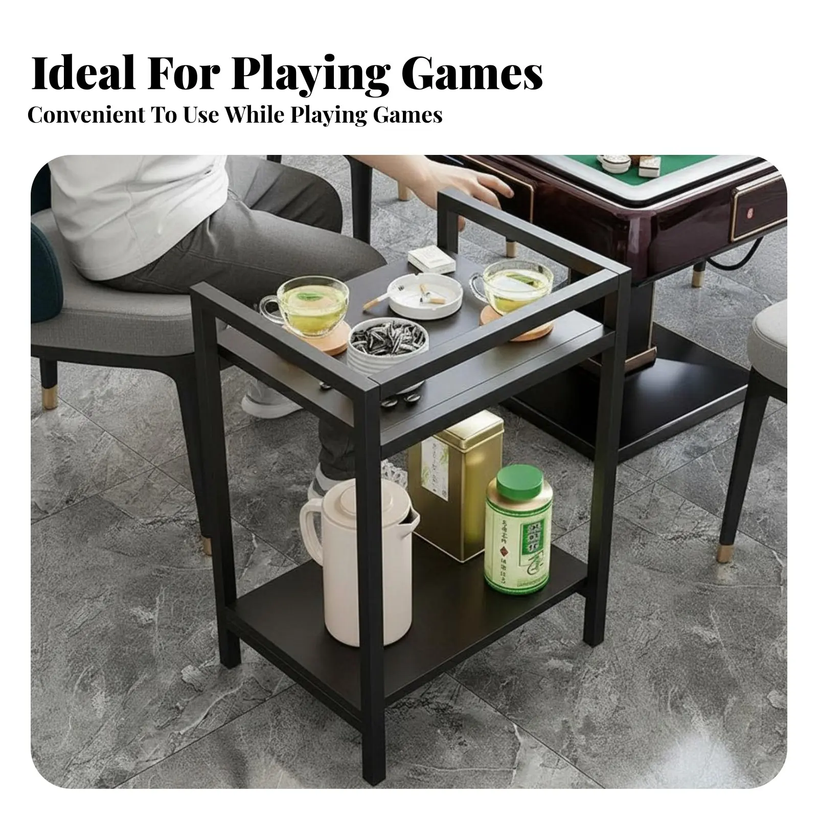 

Dual-Level Mahjong Side Table Built-in Drink Holder Household Furniture Multi-Functional Storage Space-Saving