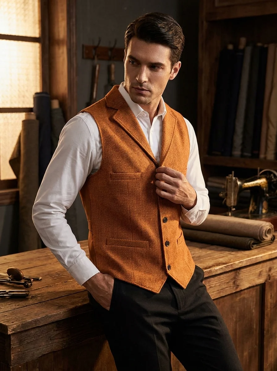Vintage Men's Herringbone Tweed Vest Lapel Collar Waistcoat Retro Gentleman Sleeveless Gilet For Date Dinner