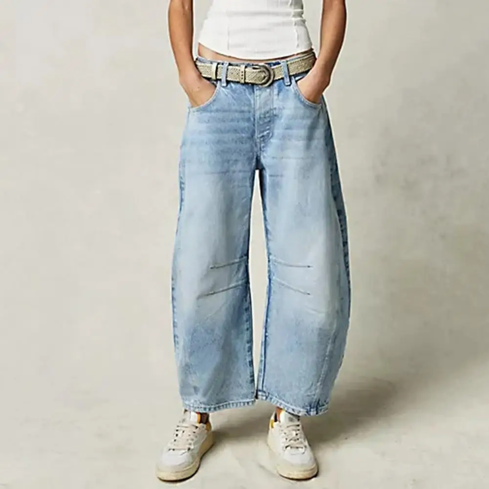 Lady Loose Pants Stylish Women's Wide Leg Jeans with Pockets Button Placket Loose Fit Ninth Pants in Solid Color Pants