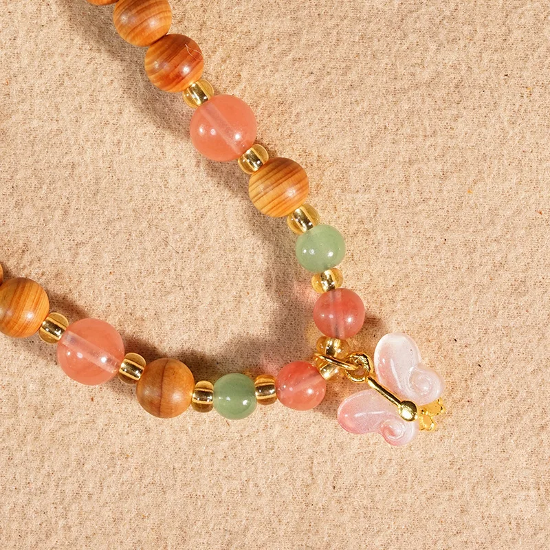 Black oil cypress wooden 8mm DIY double-loop bracelet with multi-layer colorful beads and butterfly pendant for women