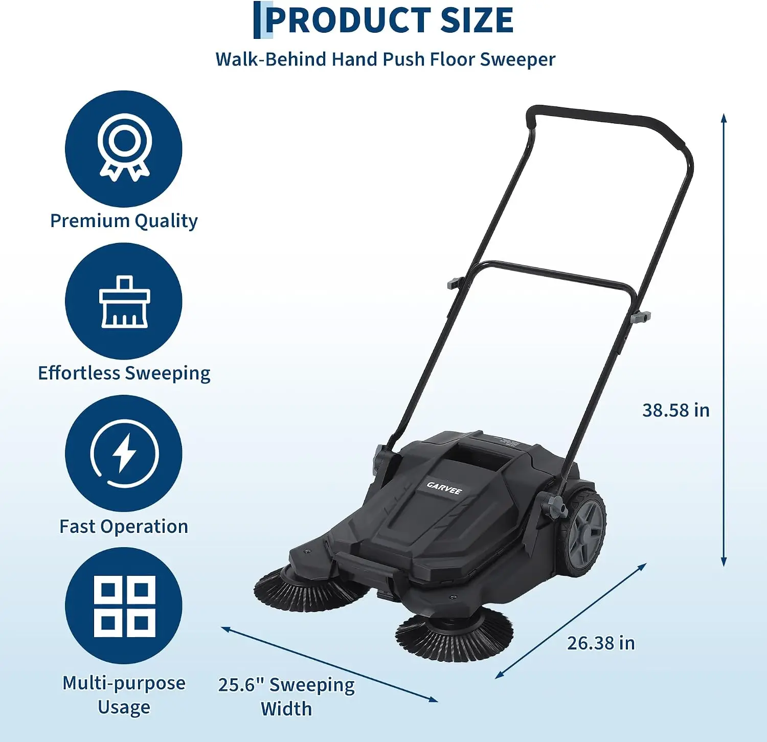Walk-Behind Outdoor Hand Push Floor Sweeper, 25.6 Inch Wide Manual Non-Electric with 5.25 Gallon Waste Bin, Adjustable Folding