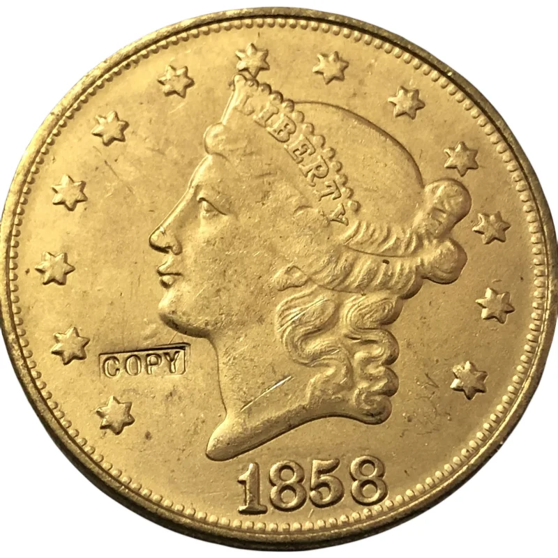 1858  P.O.S  United States LIBERTY HEAD (NO MOTTO ON REVERSE) $20 Gold Plated Copy Coin