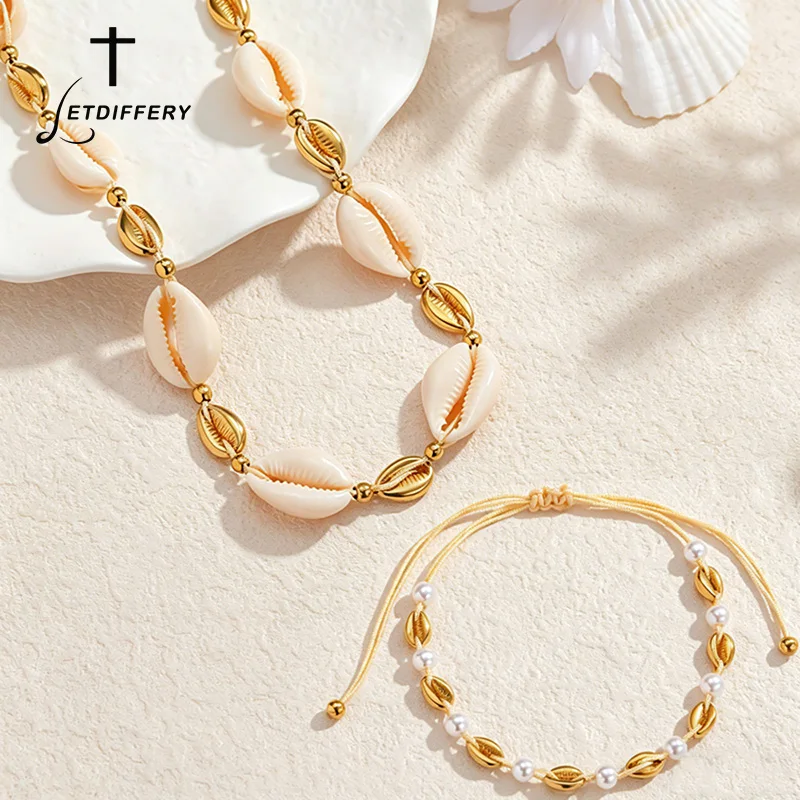 Letdiffery Boho Shell Necklace Bracelet Set Stainless Steel Cowrie Shell Beaded Chain Artifical Pearl Necklace Bracelet Jewelry